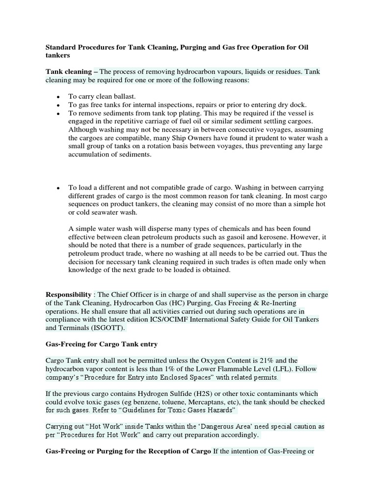 Standard Procedures for Ensuring Safety During Oil Tanker Cargo Tank Cleaning, Purging, Gas
