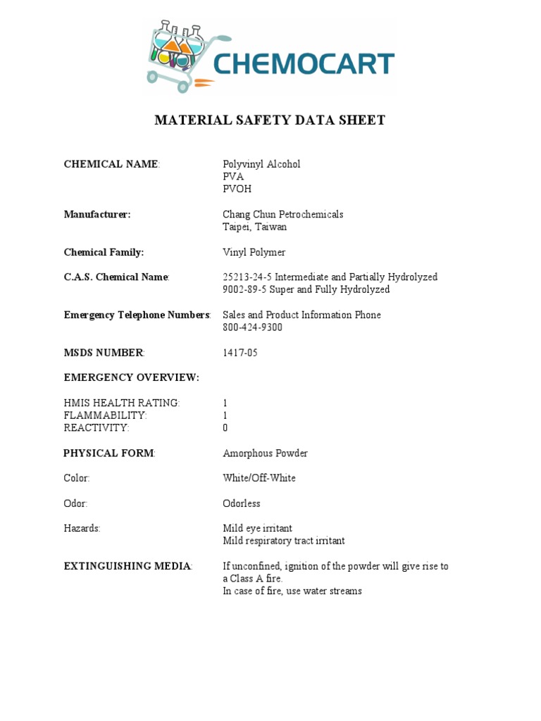 Polyvinyl Alcohol (Partially Hydrolysed) MSDS PDF Polyvinyl