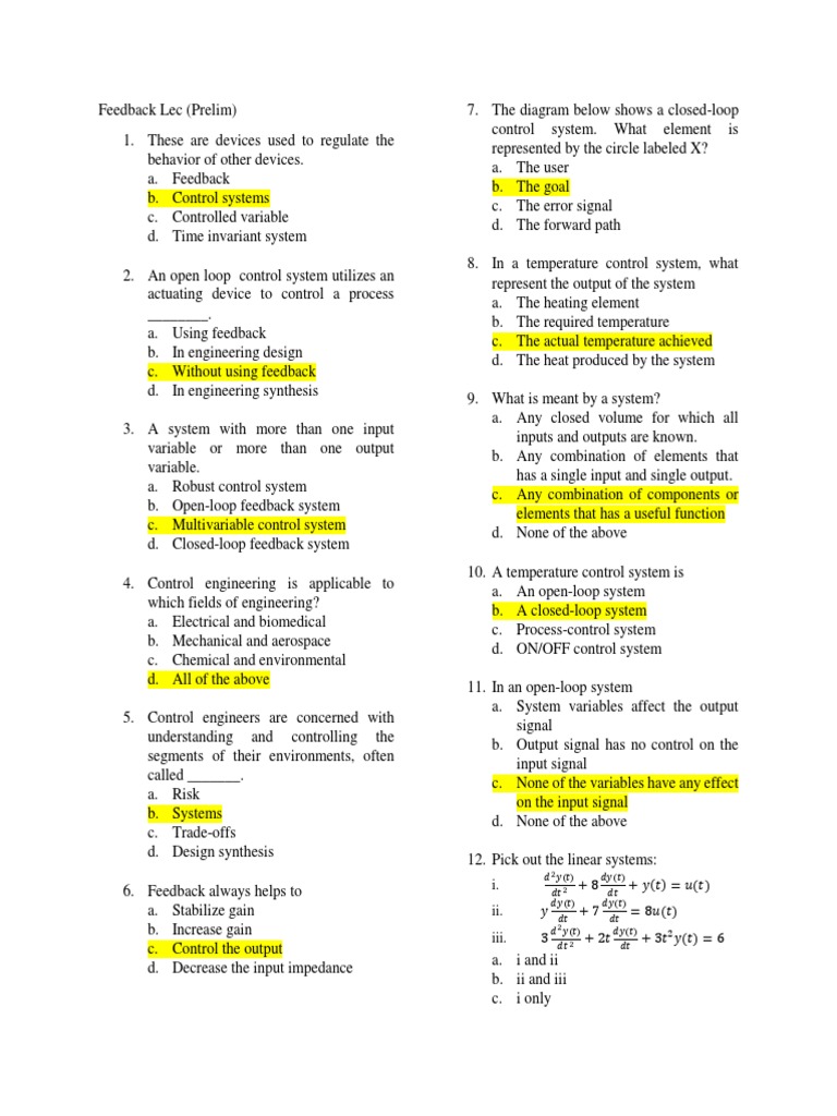 Prelim Exam Feedback PDF Control Theory Control System
