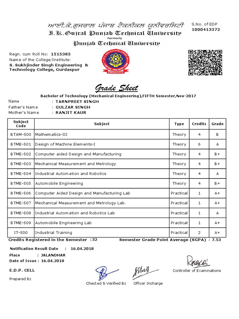 Mechanical Engineering Grade Sheet | PDF