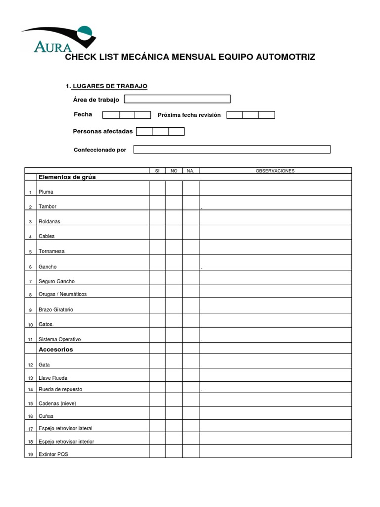 Checklist Mecánica Mensual Automotriz | PDF | Industria automotriz ...