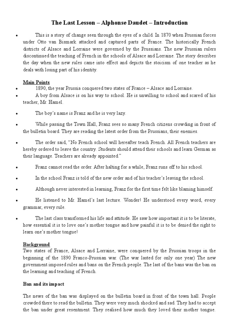 The Last Lesson Class 12 Notes PDF Teachers Classroom