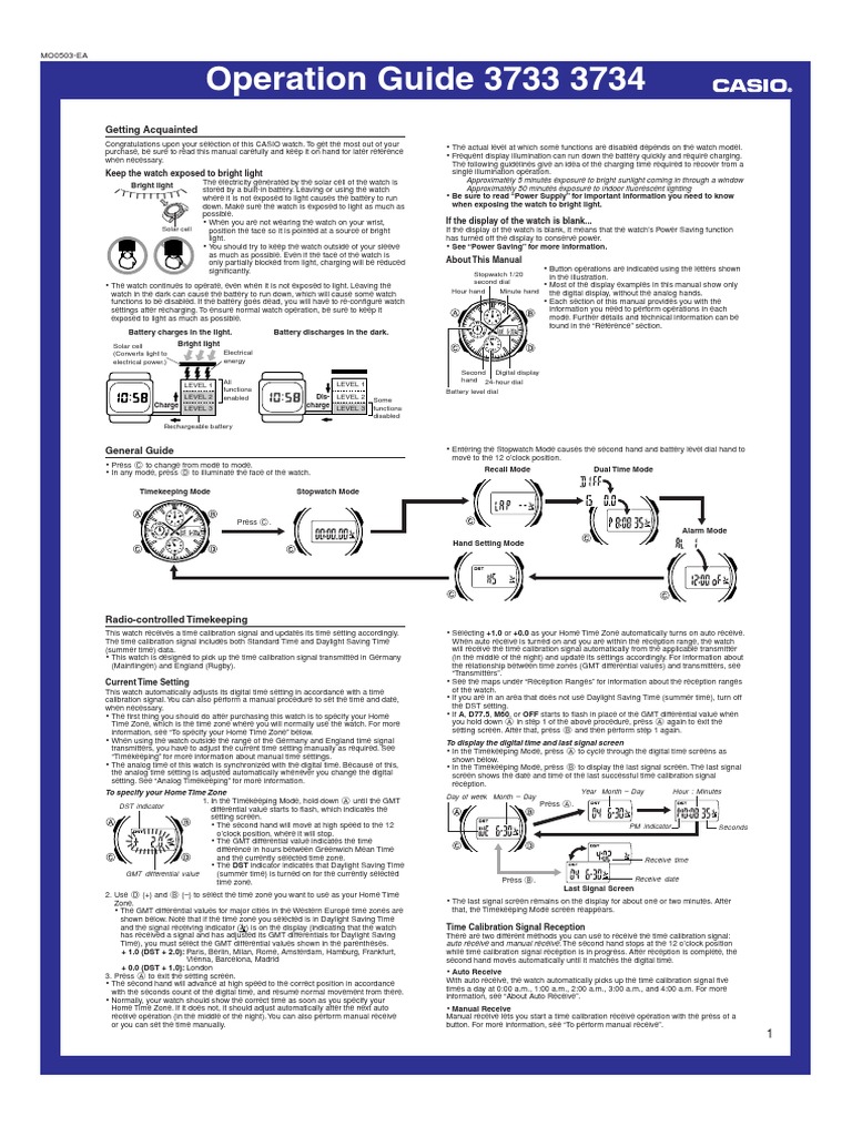 Casio 3733/3734 Operation Guide | PDF | Daylight Saving Time | Watch