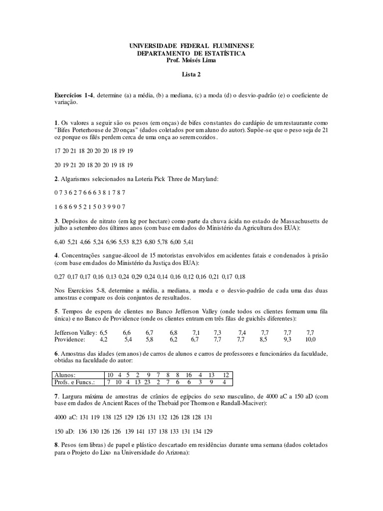 Lista de exercÃcio 1 - Departamento de EstatÃstica