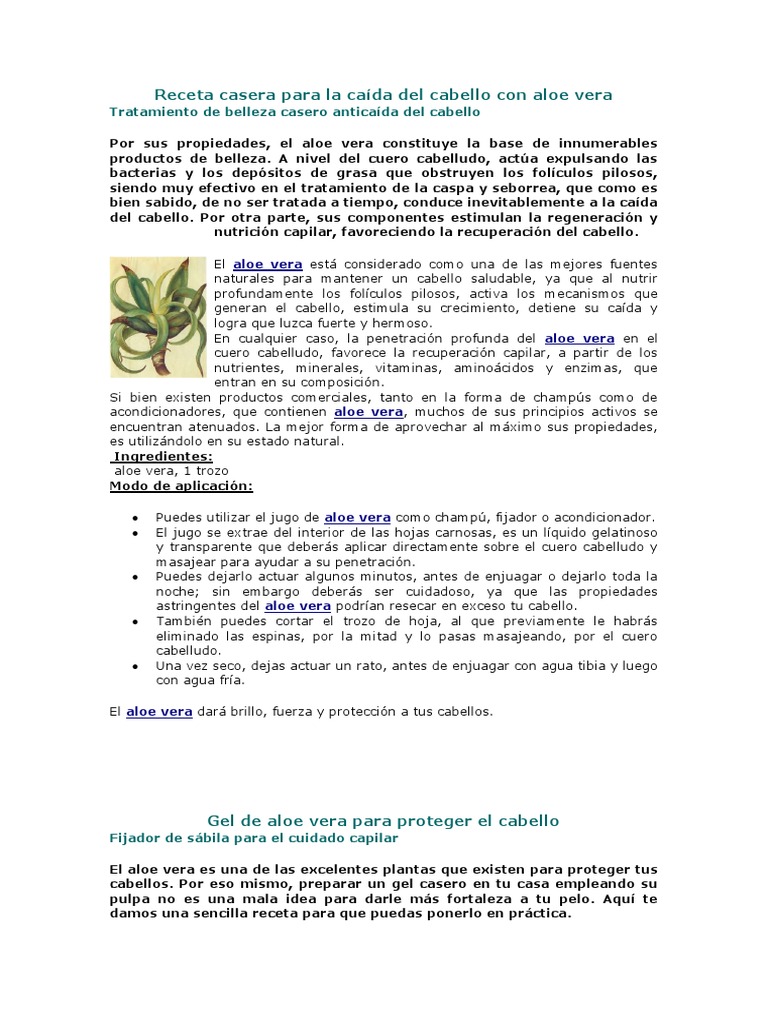 Receta Casera para La Caida Del Cabello Con Aloe Vera | PDF | Aceite de  oliva | Bienestar