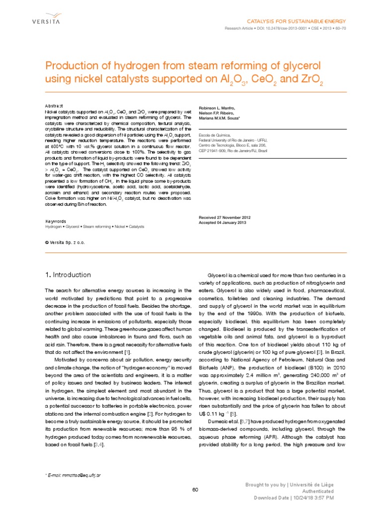 Production of Hydrogen From Steam Reforming of Glycerol Using Nickel ...