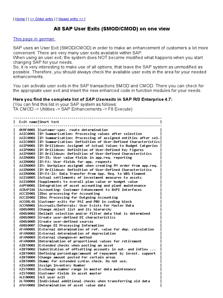 All SAP User Exits (SMOD CMOD) On One View PDF Parameter