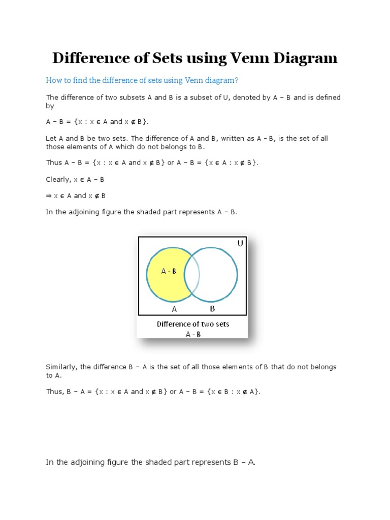 Difference of Sets Using Venn Diagram | PDF