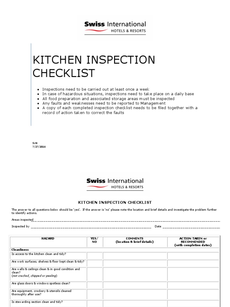 Kitchen Inspection CKLST JULY 2014 | PDF | Electrical Connector ...