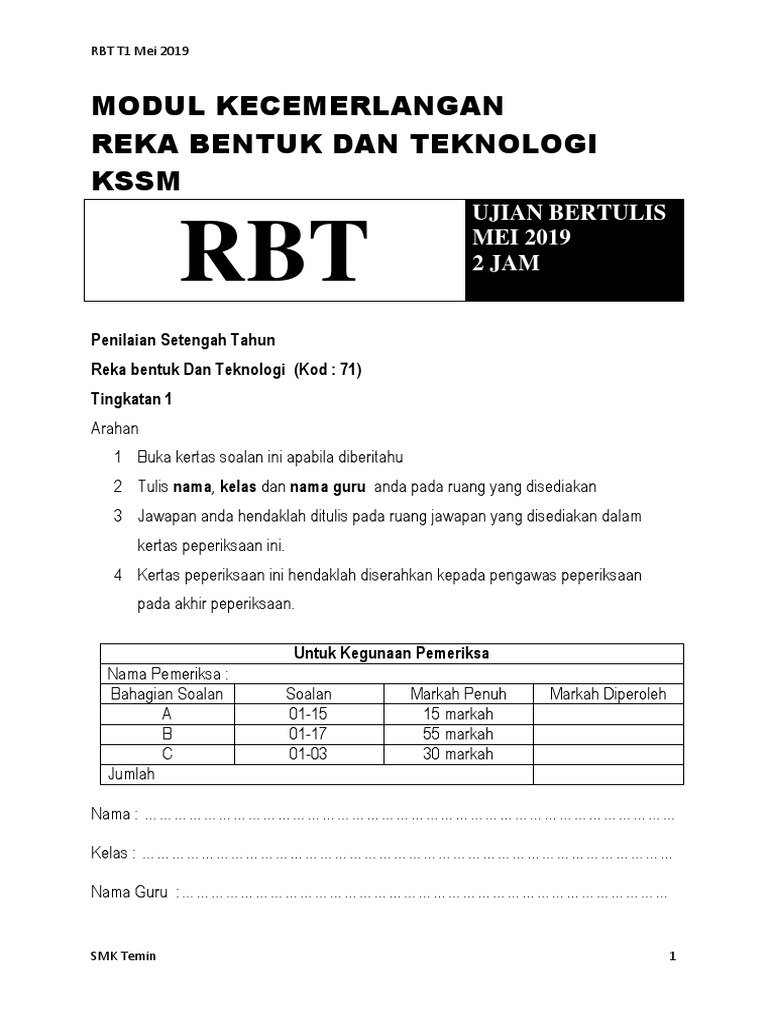 Soalan Pertengahan Tahun Rbt Tingkatan 1 2019 Pdf