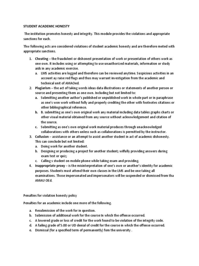 Academic Integrity Violations and Penalties | PDF | Academic Dishonesty ...