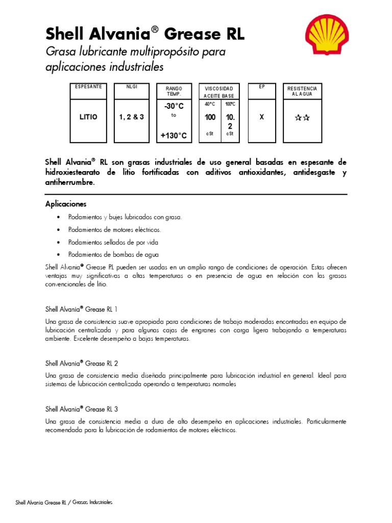 Grasa Shell Alvania RL para Industria | PDF | Lubricante | Agua