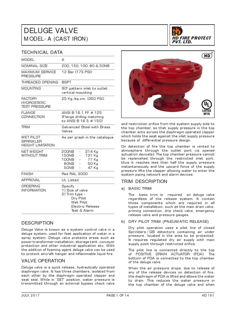 Deluge Valve Model A Technical Data | PDF | Fire Sprinkler System | Valve