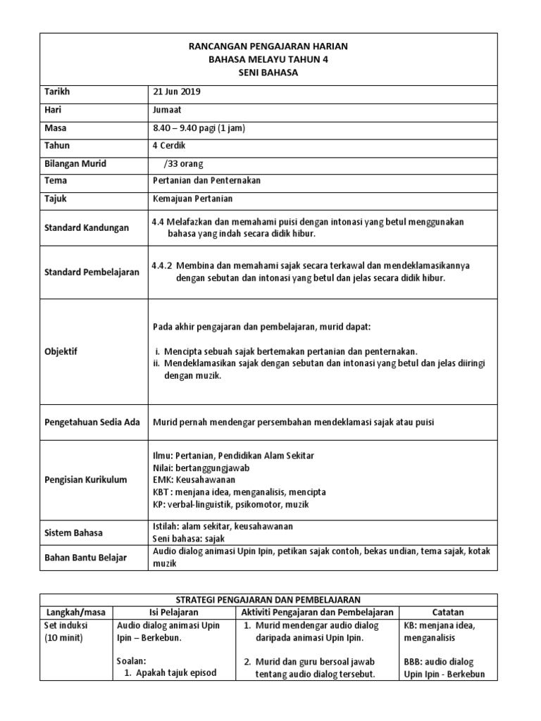 RPH Bahasa Melayu Tahun 4  PDF