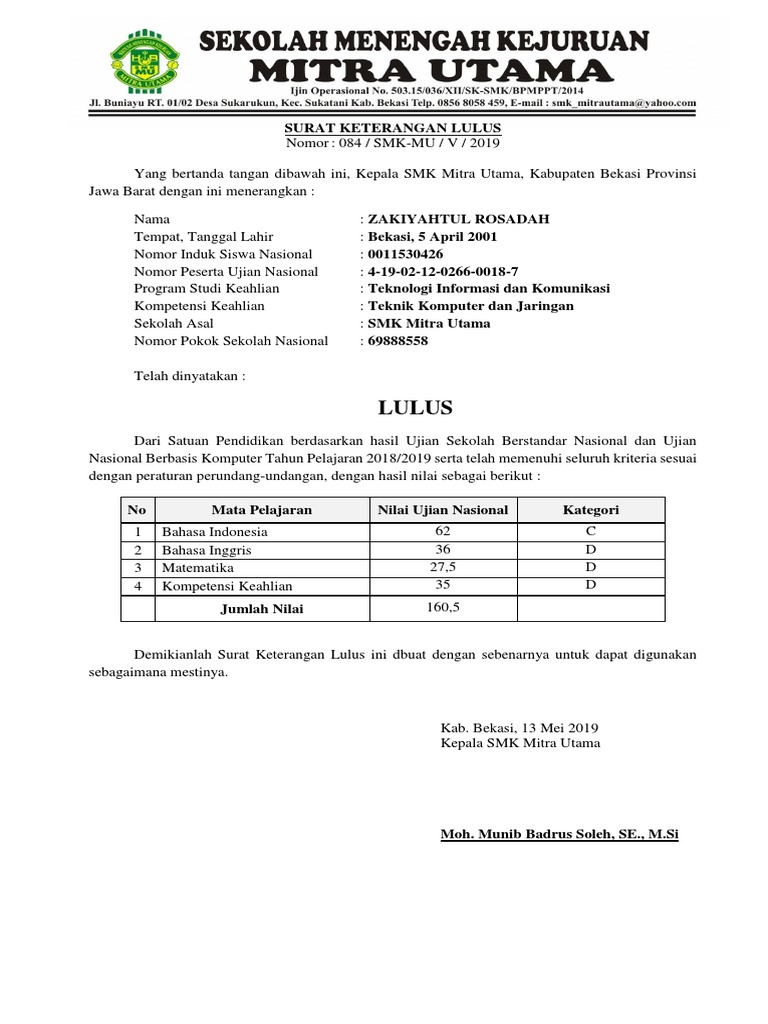Surat Keterangan Lulus