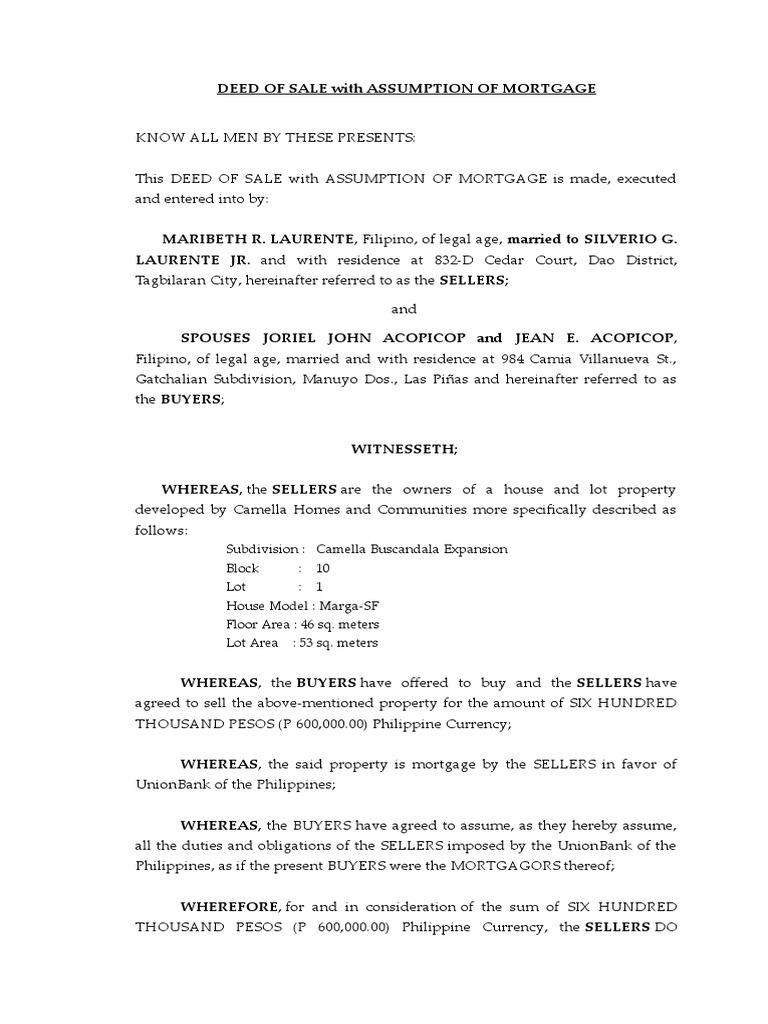 Deed of Sale With Assumption of Mortgage PDF Mortgage Law