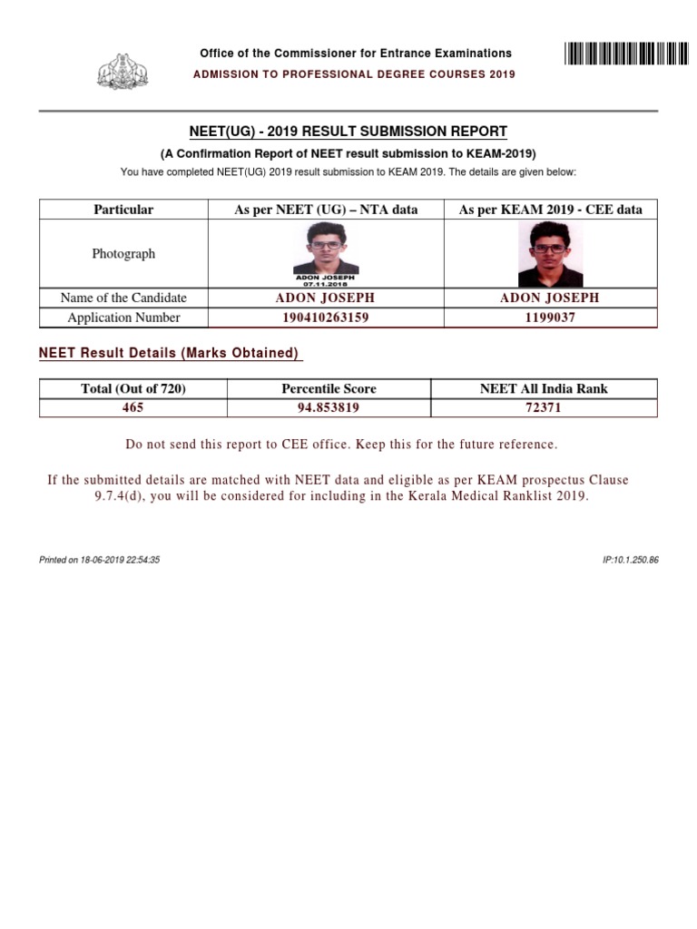 Neet (Ug) - 2019 Result Submission Report: Particular As Per NEET (UG ...