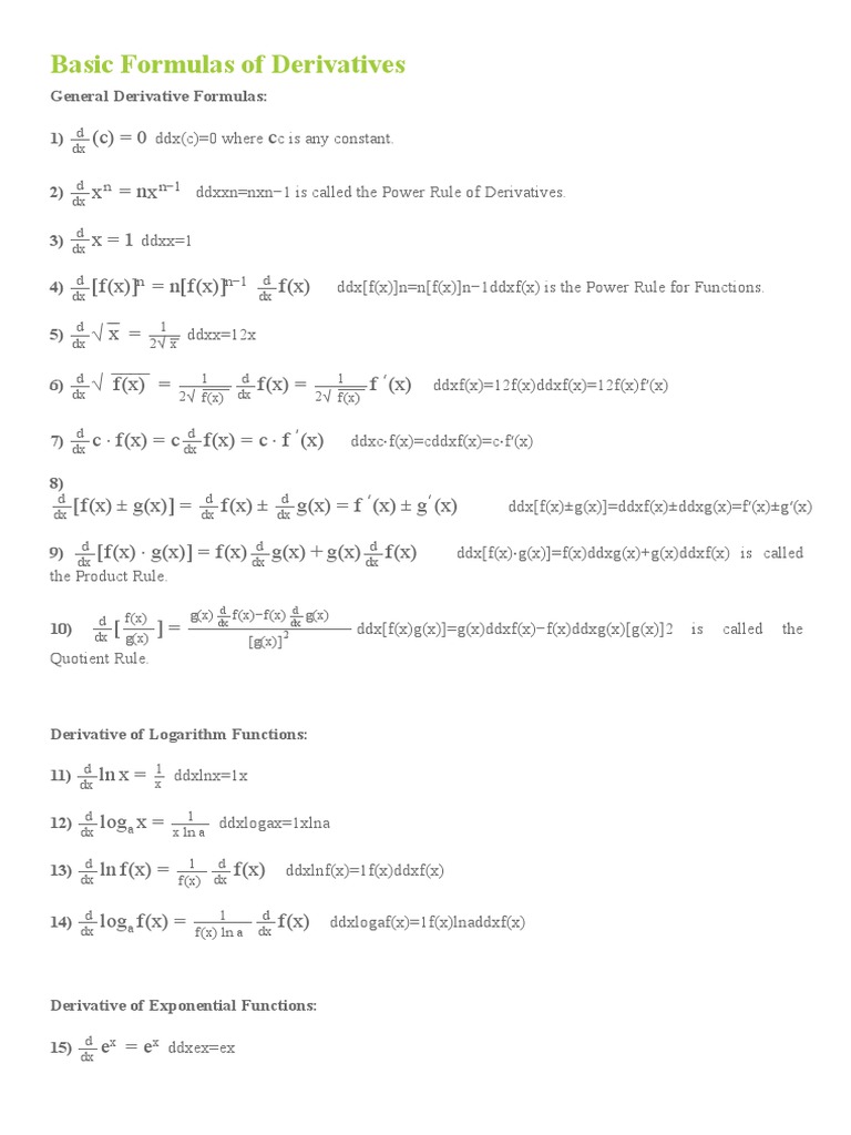 Derivative Formulas Guide | PDF | Analysis | Combinatorics