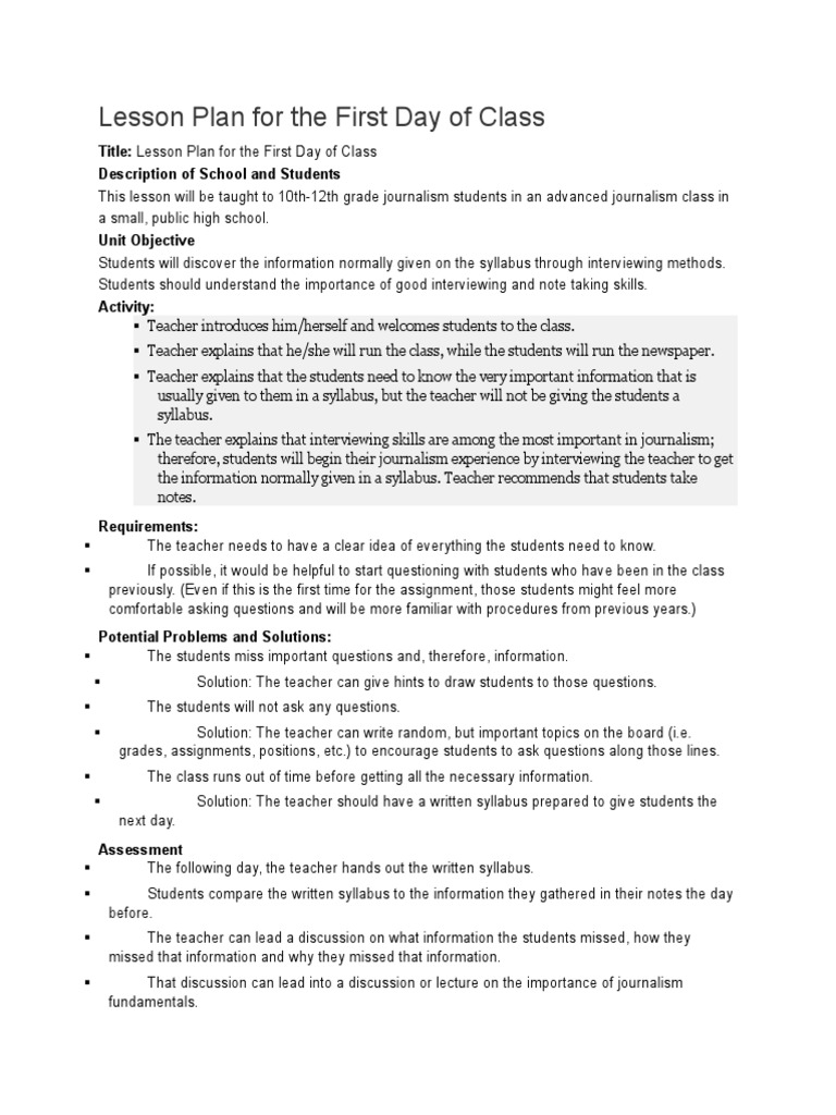 Title Lesson Plan For The First Day of Class Description of School and