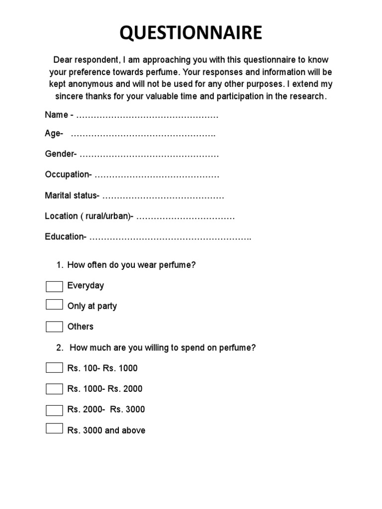 Questionnaire For Perfume PDF Perfume Odor