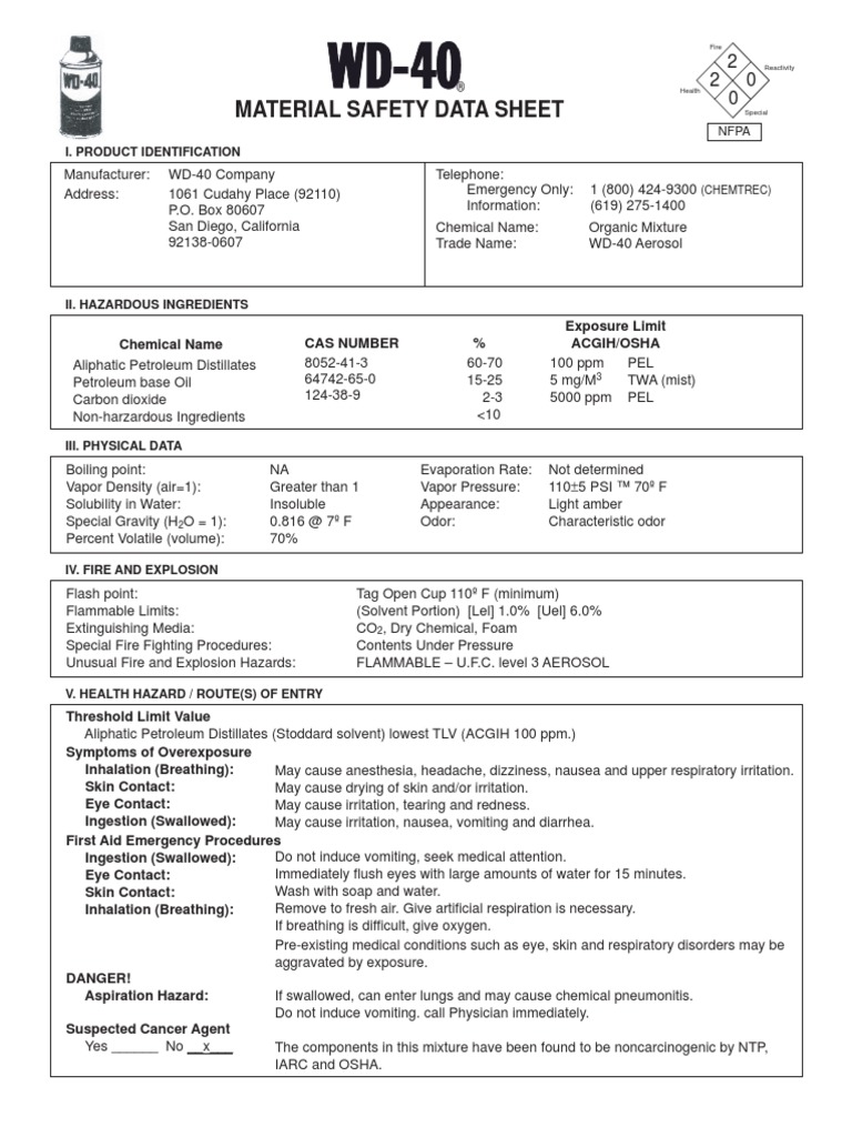 MSDS WD 40 | PDF | Breathing | Respiratory System