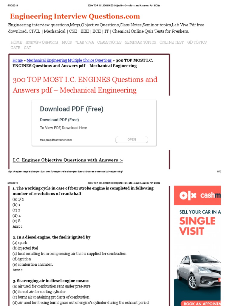 300+ TOP I.C. ENGINES Objective Questions and Answers PDF MCQs PDF