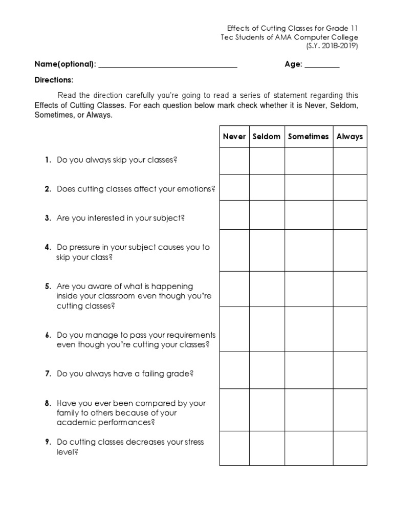 Effects of Cutting Classes For Grade 11 Tec Students of AMA Computer