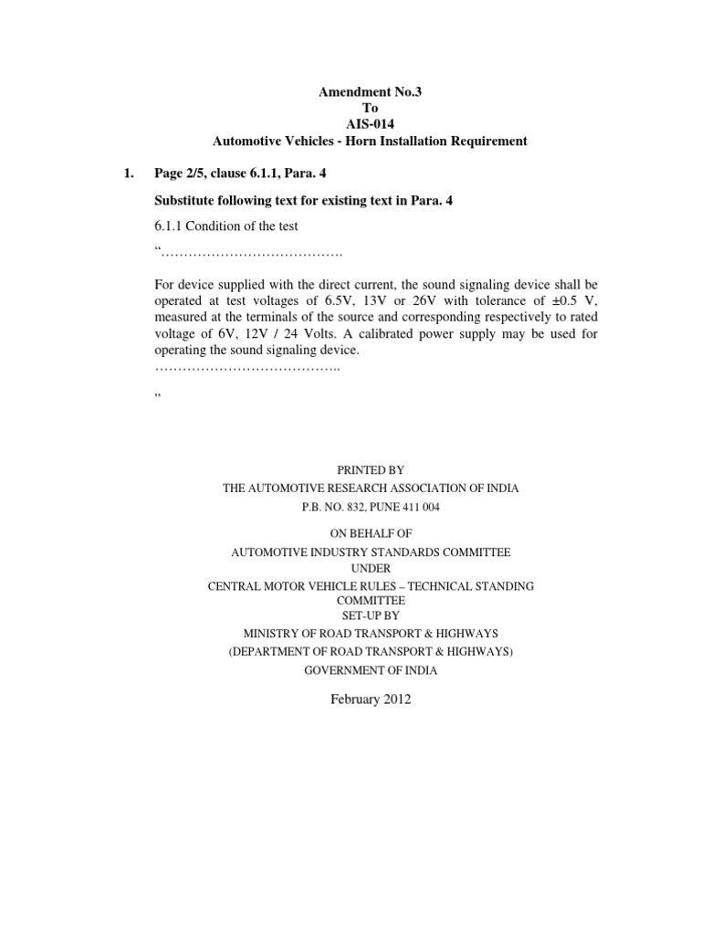 Amendment No.3 To AIS014 Automotive Vehicles Horn Installation