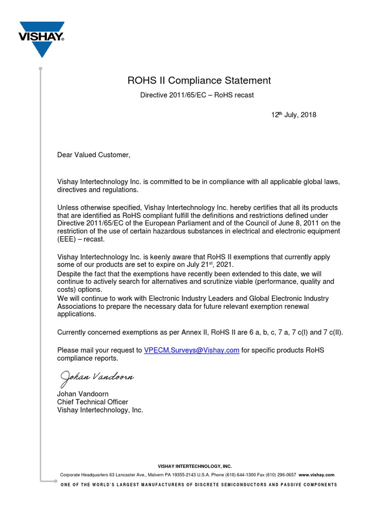Vishay RoHS Compliance Statement 2018 | PDF
