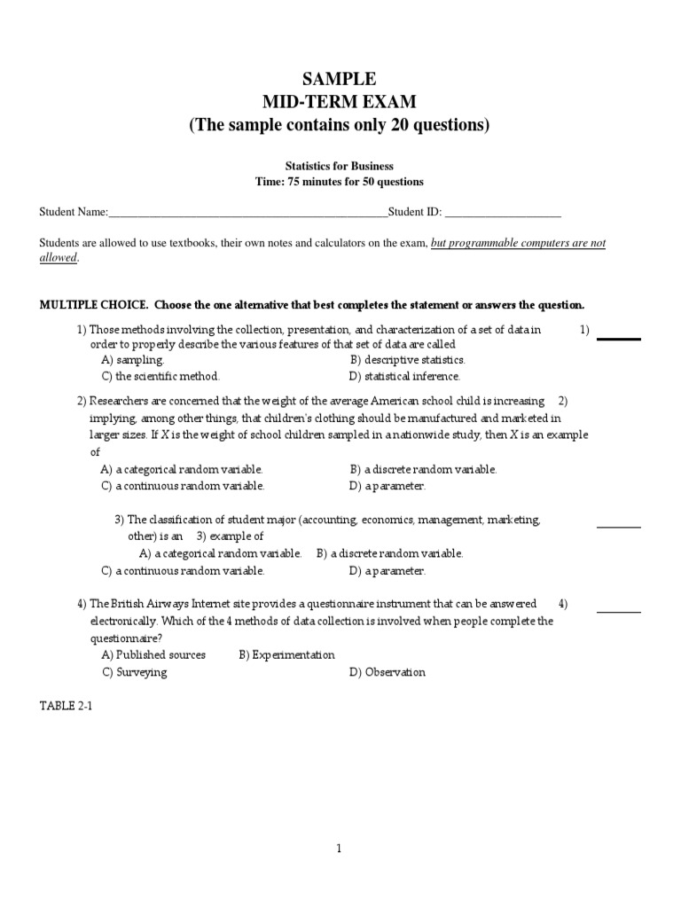 Sample Mid-Term Exam | PDF | Categorical Variable | Probability ...