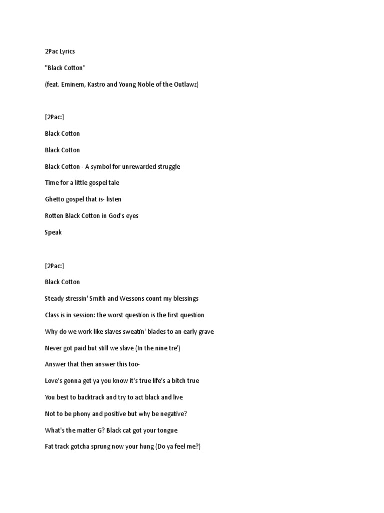 Black Cotton 2pac Lyrics Lyrics can be shown with related artist information, images, videos, album information, and more, making a. black cotton 2pac lyrics