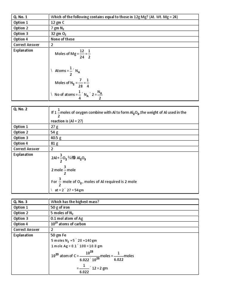 Chemistry Mole Concept Quiz | PDF | Mole (Unit) | Chemical Compounds