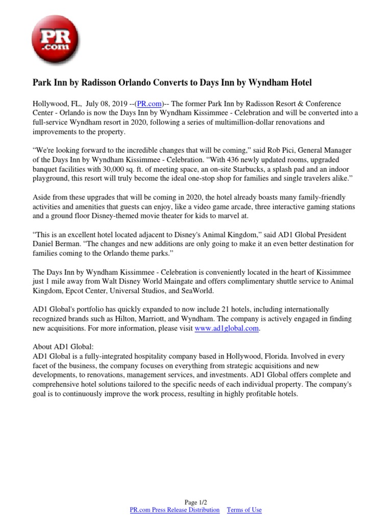 Park Inn By Radisson Orlando Converts To Days Inn By Wyndham Hotel Resort Hotel