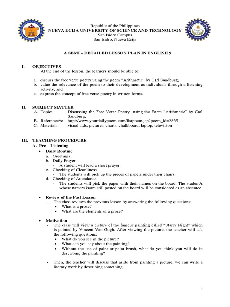 Arithmetic Lesson Plan | PDF | Poetry