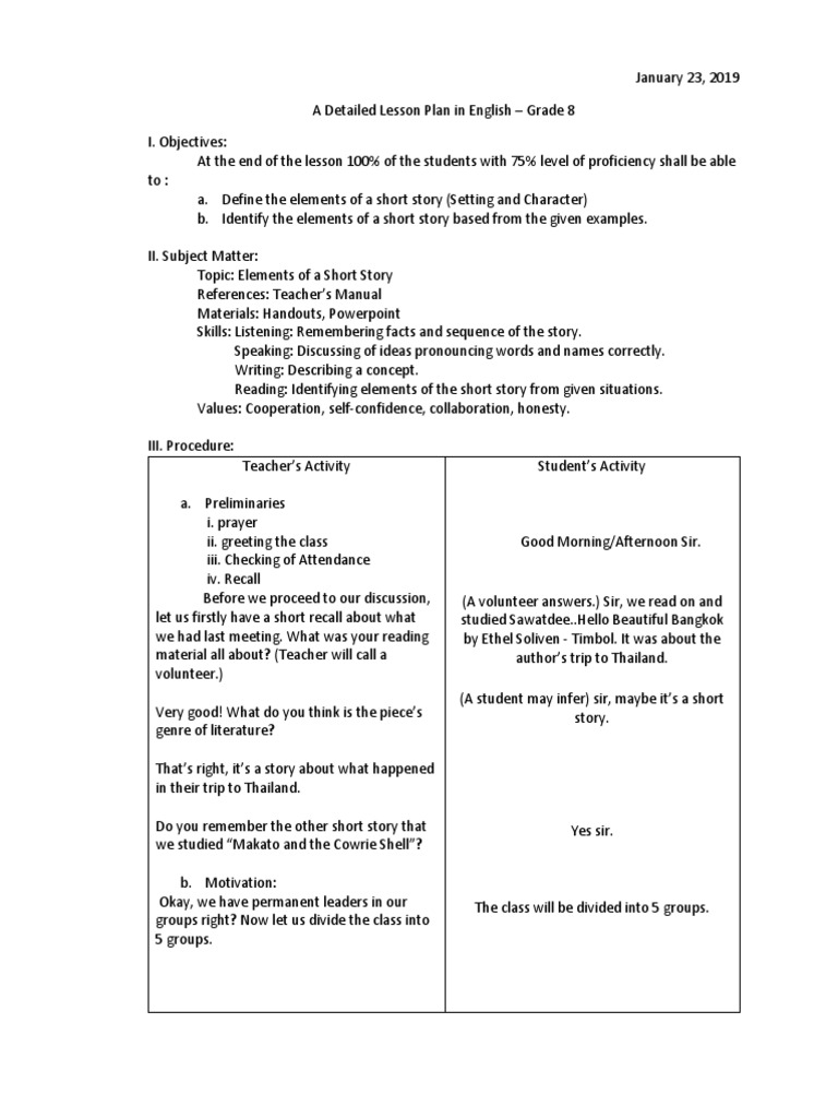 A Lesson Plan in Parts of A Short Story PDF Lesson Plan Behavior