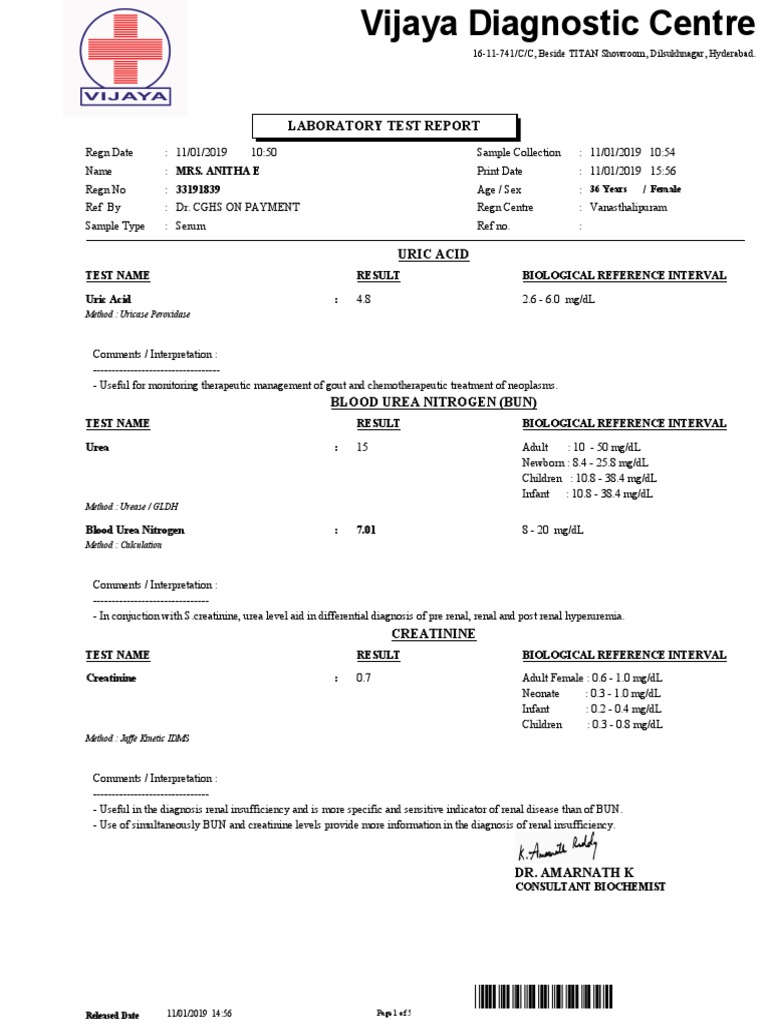 Laboratory Test Report: Test Name Result Biological Reference Interval ...