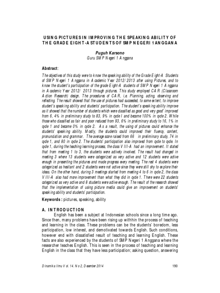Using Pictures in Improving The Speaking Ability of The Grade Eight-A ...