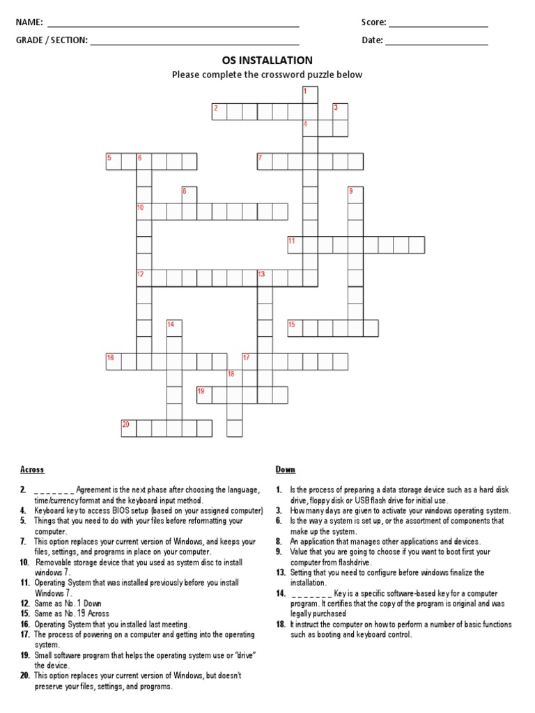 OS Installation Crossword PDF Usb Flash Drive Operating System