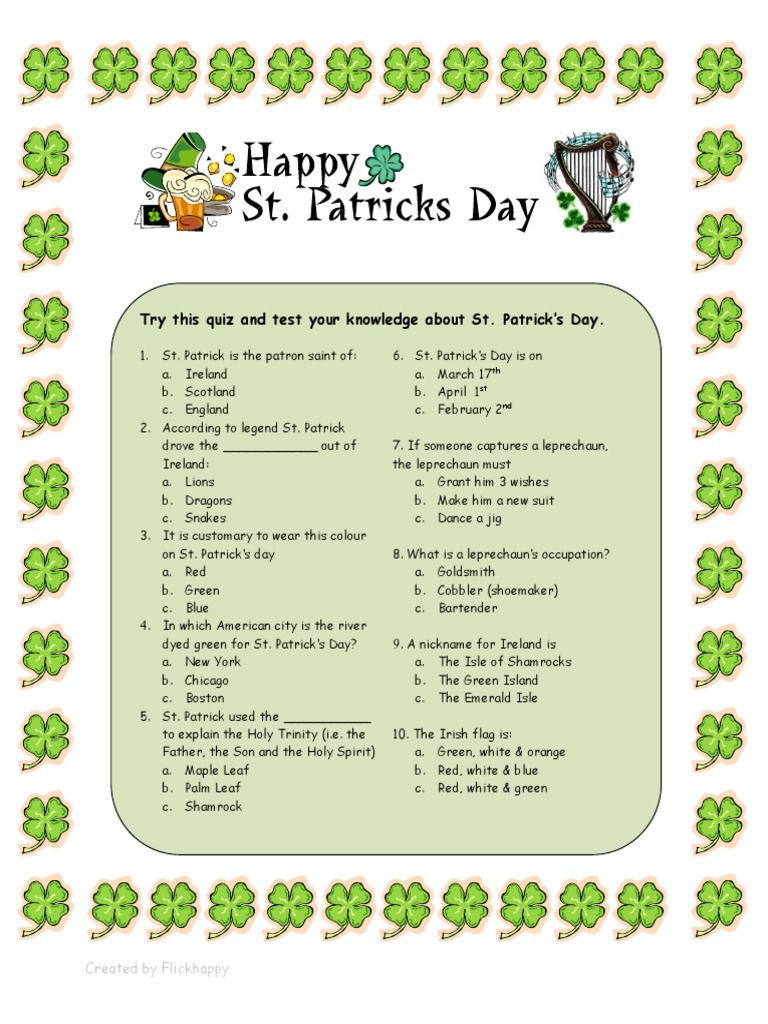 ST Patricks Day Quiz Fun Activities Games Reading Comprehension Exercis ...