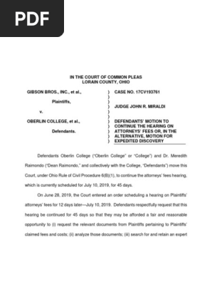 Gibson's Bakery v. Oberlin College - Defense Motion to Postpone Attorney's Fees Hearing