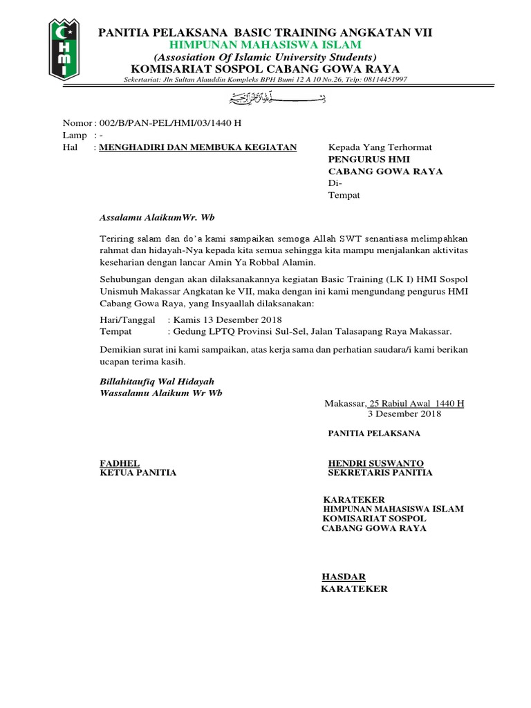 Contoh Surat Hmi Undangan Membuka Kegiatan Basic Training Lk I Kom Sospol Cagora