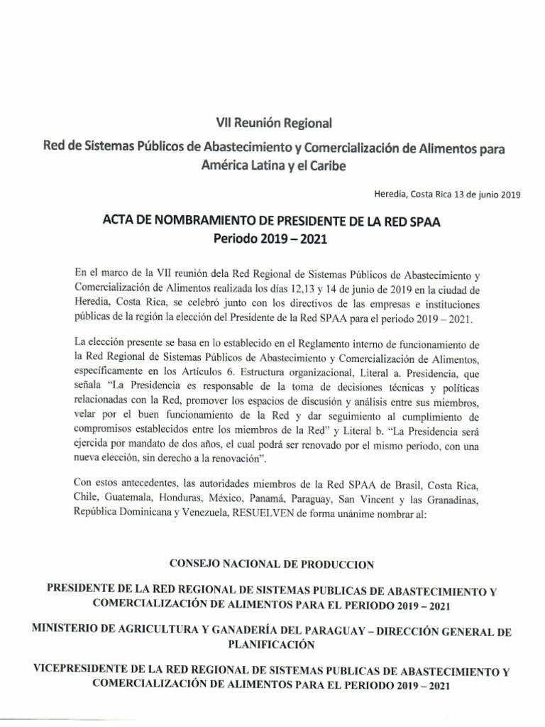 Acta De Nombramiento De Presidente Y Vicepresidente De La Red Spaa