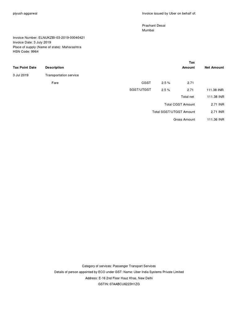 Uber Invoice for Transportation Services | PDF