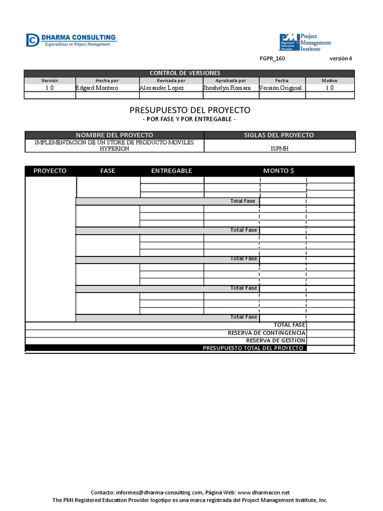 Formato de Presupuesto Del Proyecto - Por Fase y Por Entregable | PDF