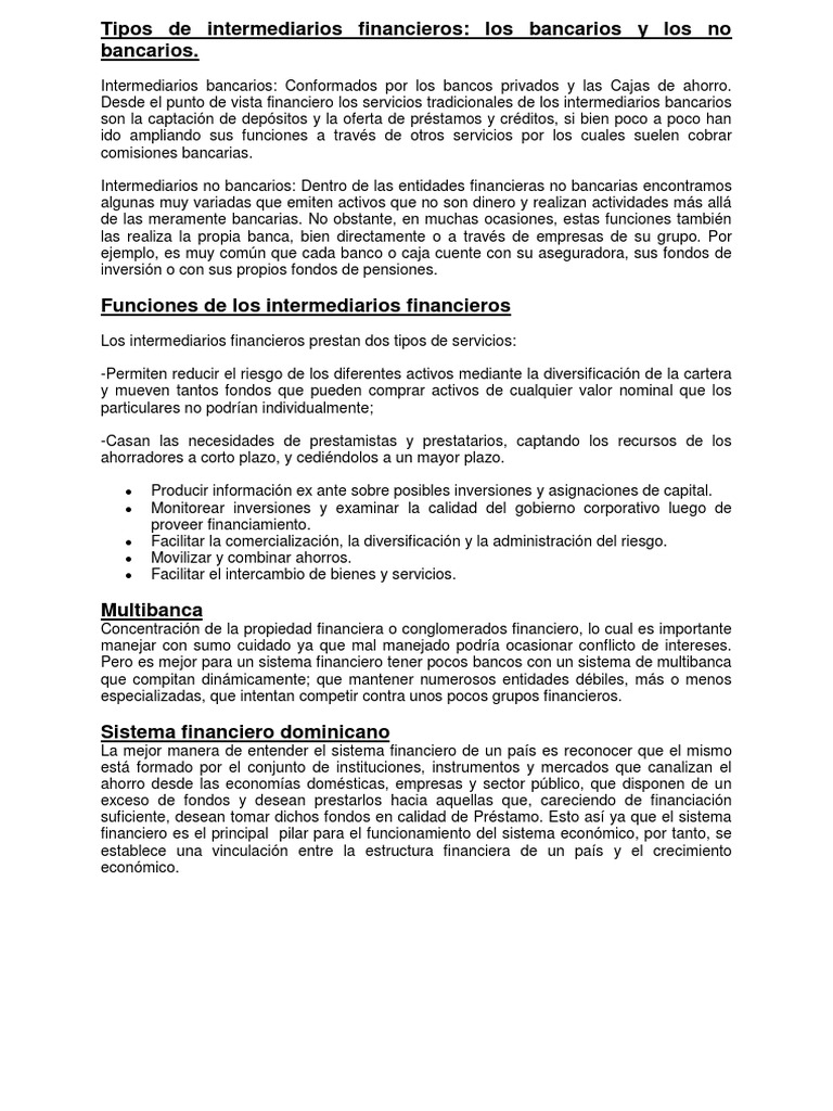 Tipos de Intermediarios Financieros | PDF | Sistema financiero | Bancos