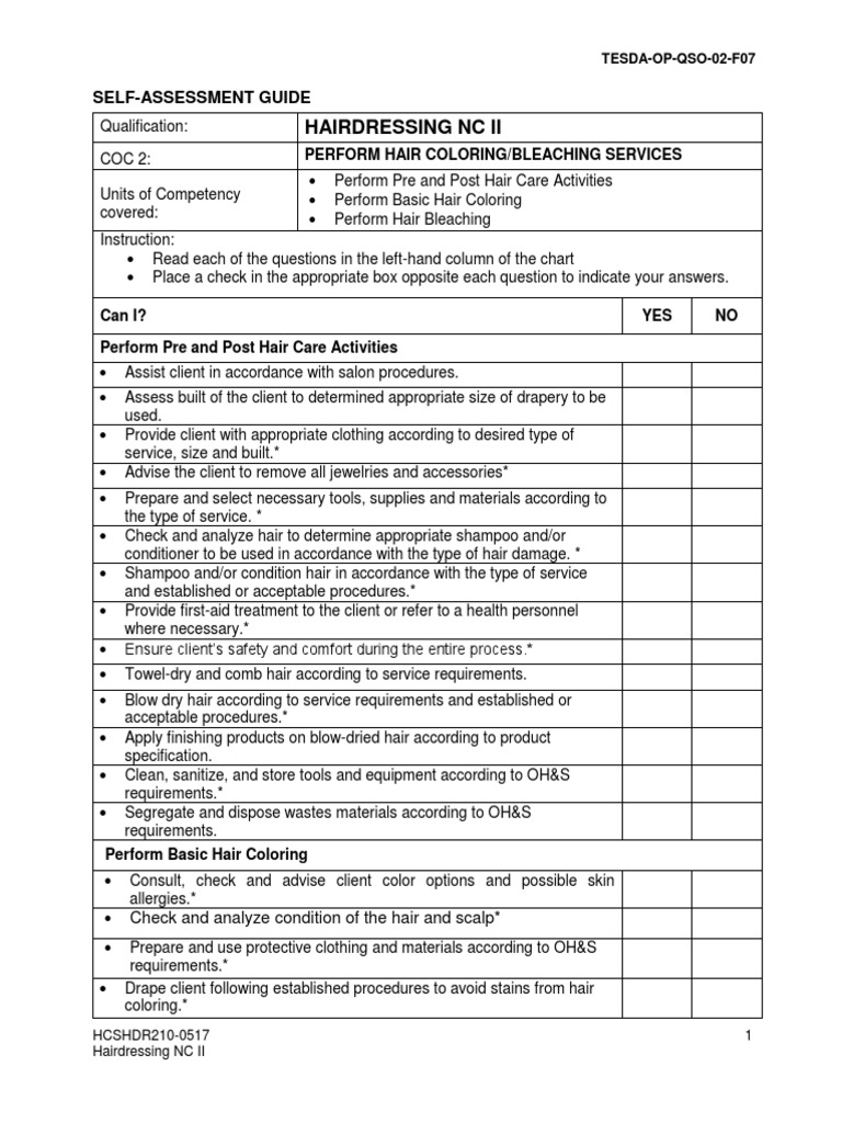 Hairdressing NC II Self-Assessment Guide | PDF | Hair Care | Hair