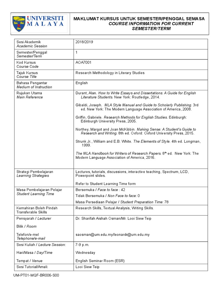 Maklumat Kursus Untuk Semester Penggal Semasa Course Information For