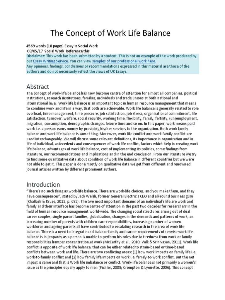 The Concept of Work Life Balance Essay PDF WorkLife Balance Occupational Stress