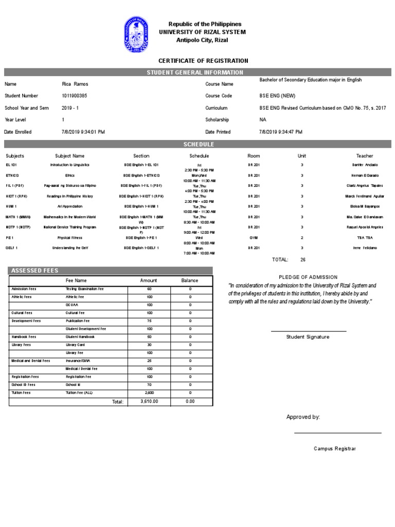 Certificate of Registration for Rica Ramos' First Year Bachelor of ...