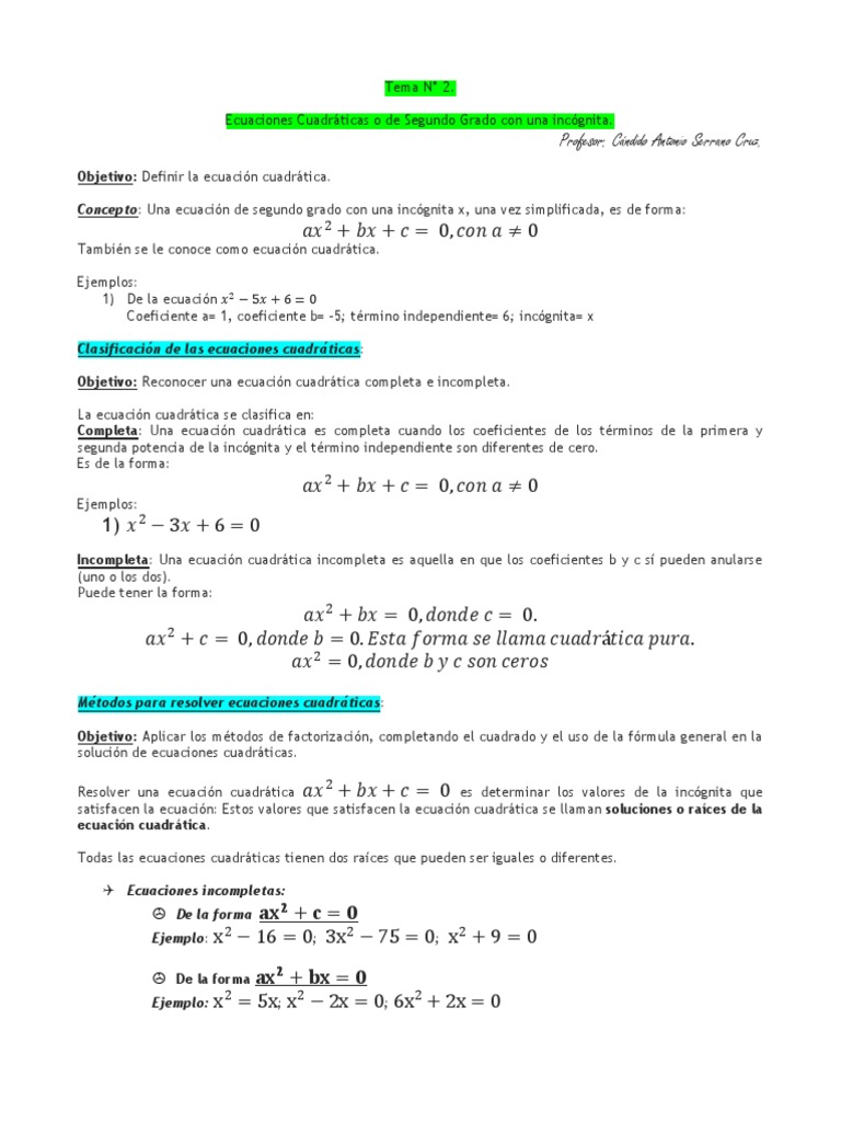 Tema N 2 Ecuacion Cuadratica Ecuacion Cuadratica Factorizacion